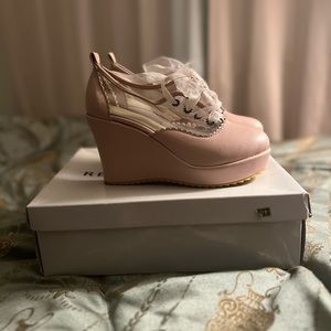 Pink Coquette Transparent Lolita Lace-up wedge platforms.